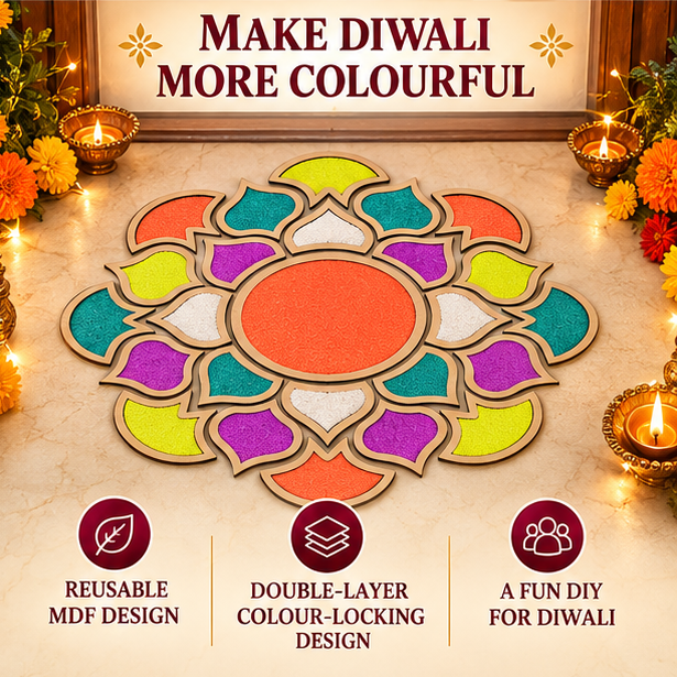 Rangoli Stencil 2 + Rangoli Colours Included | 18 x18 inch | Reusable