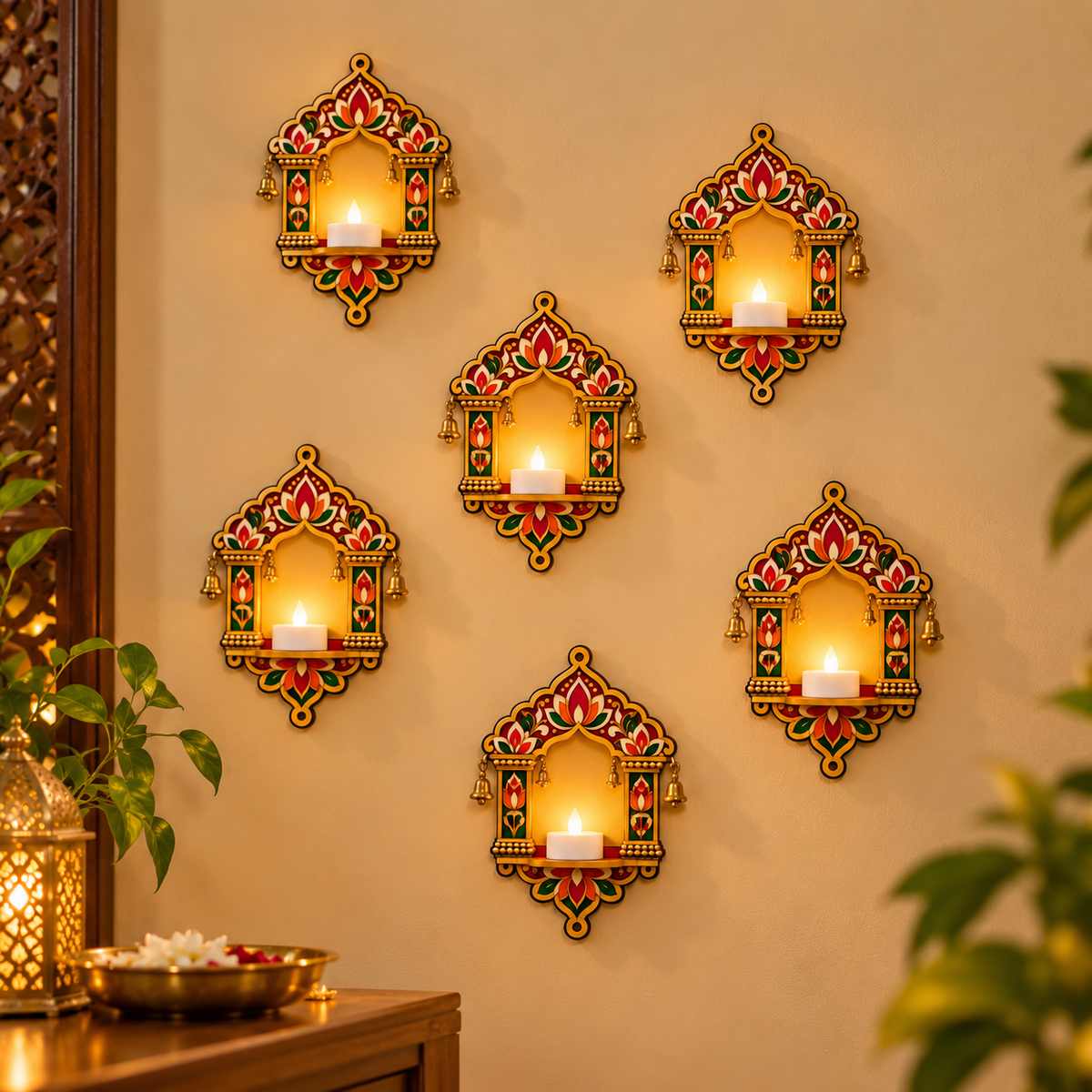 Wooden Jharoka with LED light | set of 6 | 6 Electric Diya Included