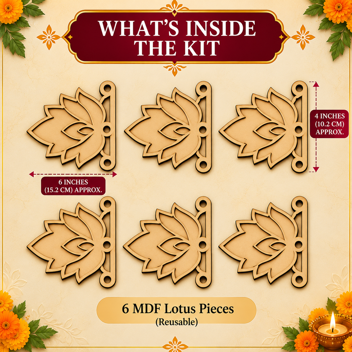 Rangoli Stencil 3 | Set of 6 lotus | Reusable