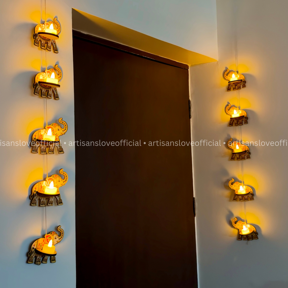 Wooden Elephant LED Toran Set | 10 Electric Diya Included