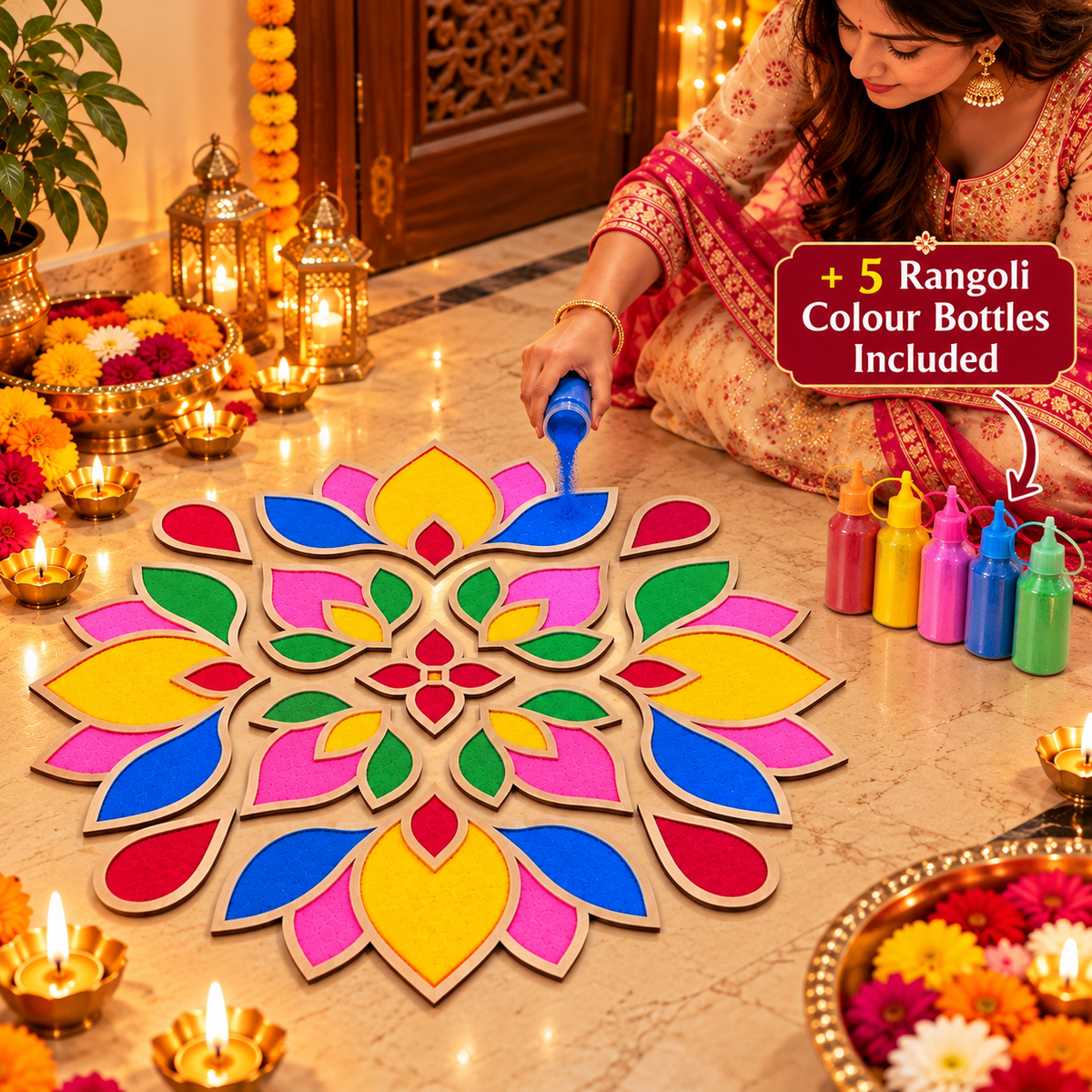 Rangoli Stencil 1 + Rangoli Colours Included | 18 x18 inch | Reusable