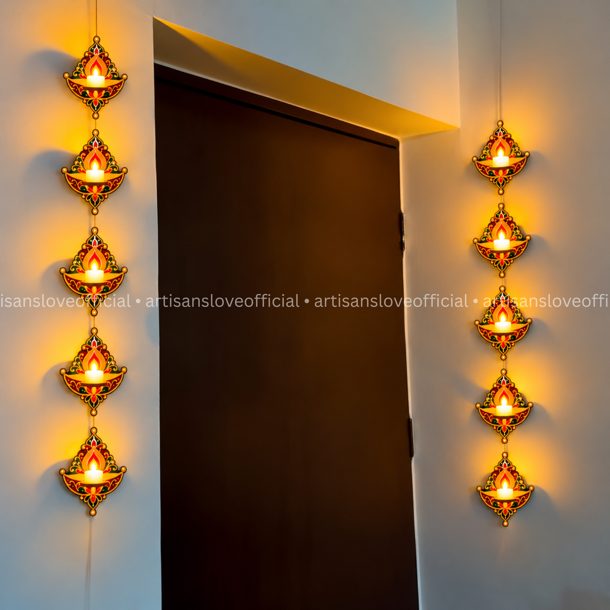Wooden Diya LED Toran Set | 10 Diyas | 10 Electric Diya Included