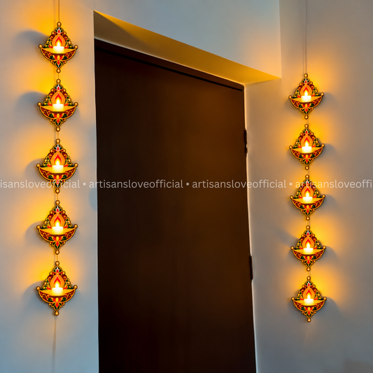 Wooden Diya LED Toran Set | 10 Diyas | 10 Electric Diya Included