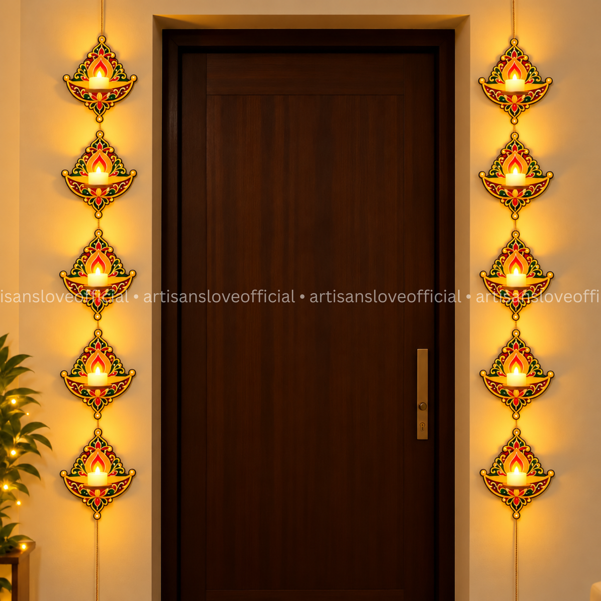 Wooden Diya LED Toran Set | 10 Diyas | 10 Electric Diya Included