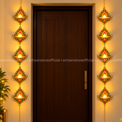 Wooden Diya LED Toran Set | 10 Diyas | 10 Electric Diya Included