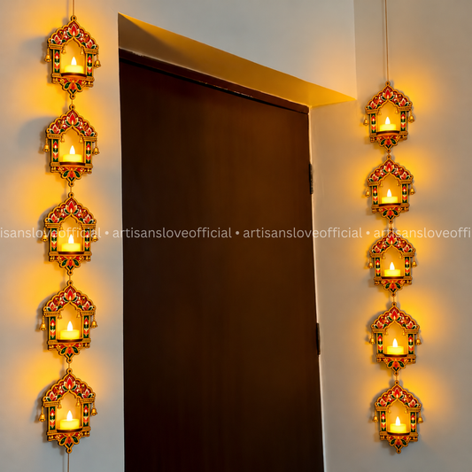 Wooden Jharoka LED Toran Set | 10 Jharokhas | 10 Electric Diya Included