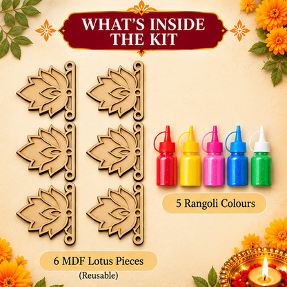 Rangoli Stencil 3 + Rangoli Colours Included | Set of 6 lotus | Reusable